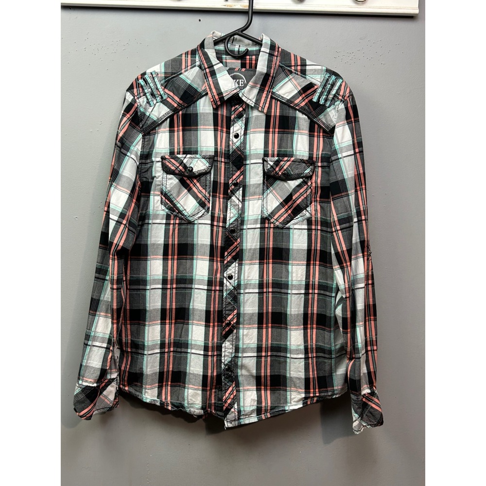 BKE‎ Button Down Shirt Mens Large Multi Plaid Athletic Fit Rodeo Snap Western
